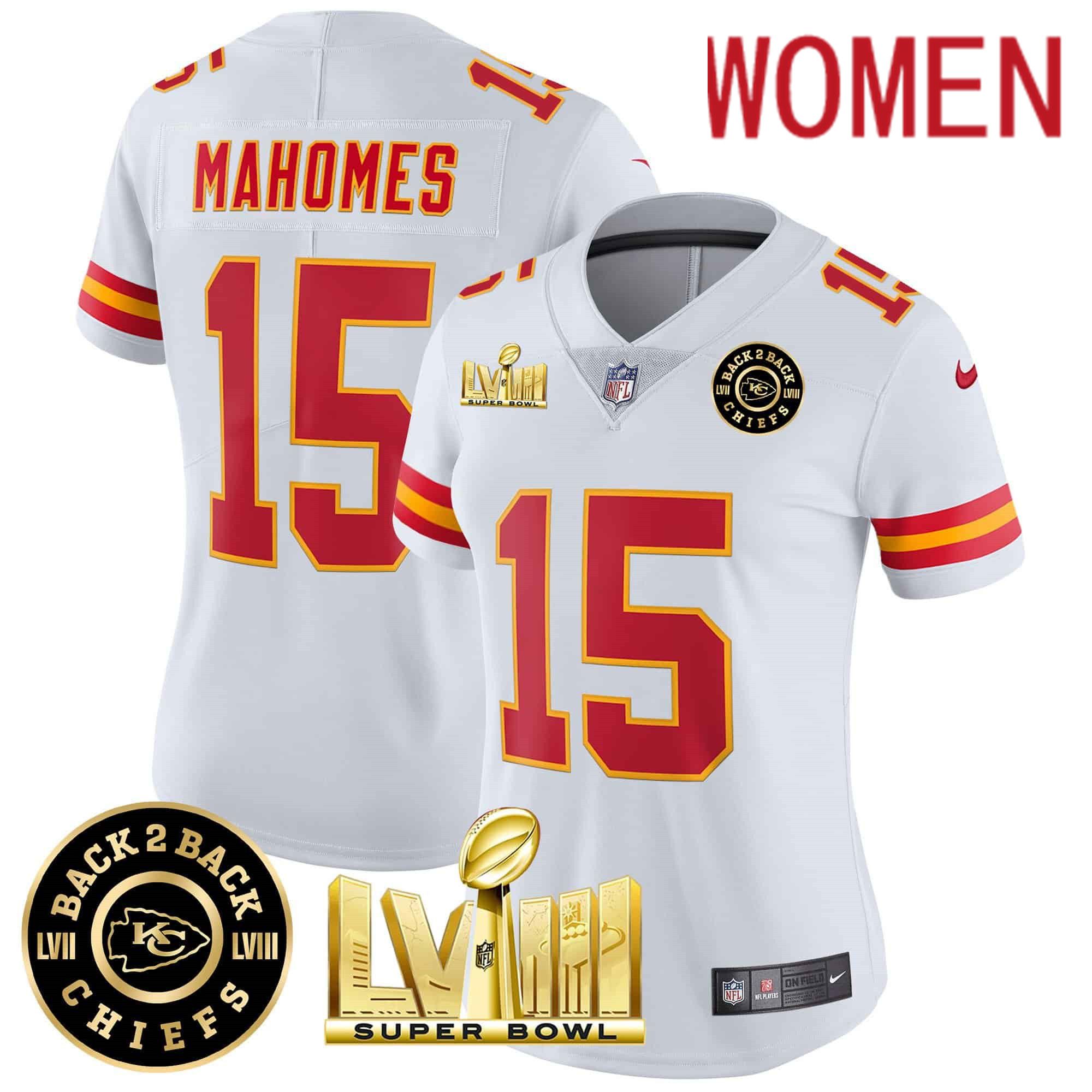 Women Kansas City Chiefs #15 Mahomes White 2024 Nike Super Bowl LVIII & Back-2-Back Patch Vapor NFL Jersey